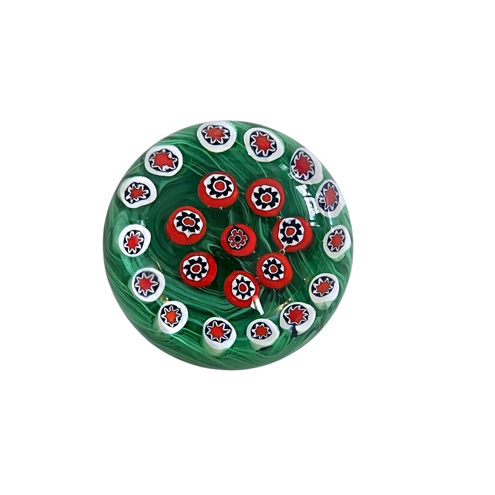 Gentile Glass Millefiori Paperweight Green Swirl Base Red White Blue Floral 3.5"